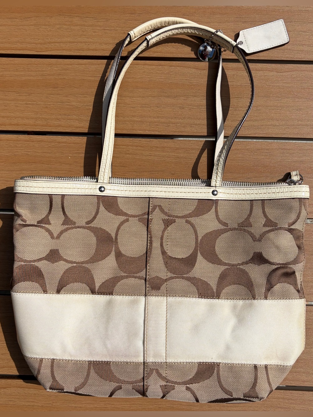 Canvas Logo-Print Bag in Brown and Cream